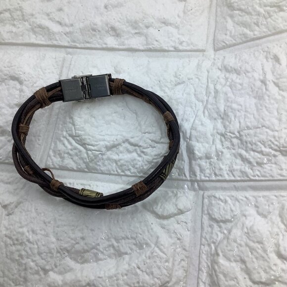 Unisex Brown Leather Rope Wrist Bracelet with Stainless Steel - Picture 4 of 7